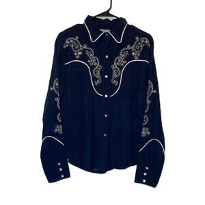 Western Collection Styles Navy Embroidered Button Down Long Sleeve Blouse  L